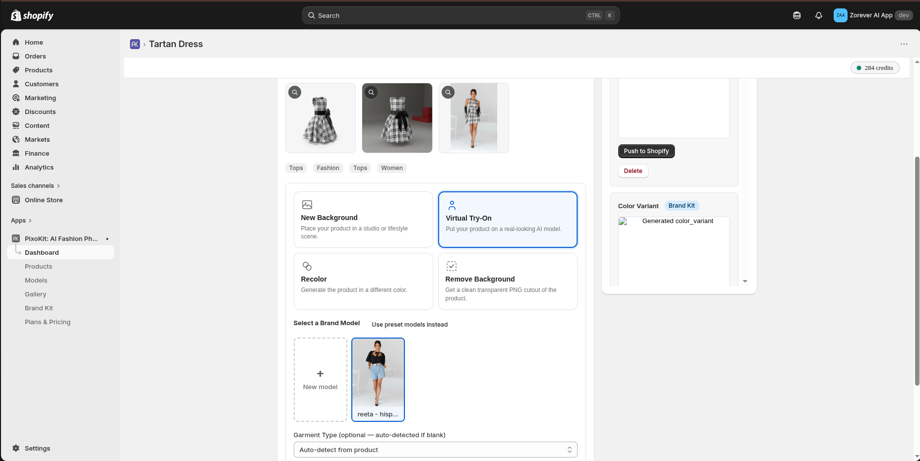 PixoKit generation panel showing 'Push to Shopify' action