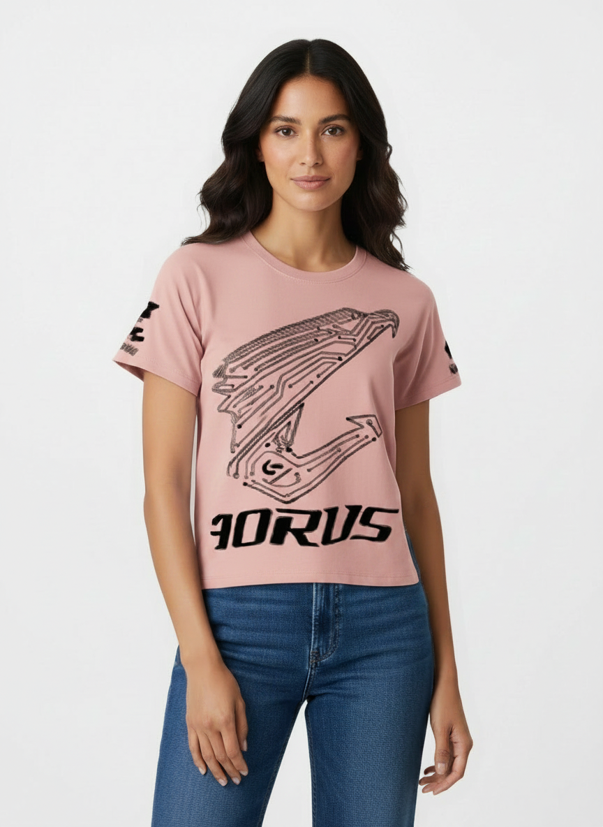 Same AORUS T-shirt recolored to blush pink and worn by an AI-generated female model