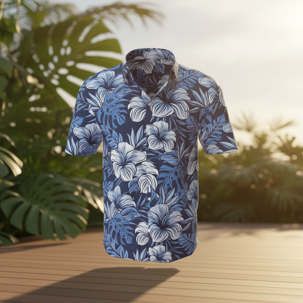 Same shirt placed in a sunlit tropical beach scene with palm leaves