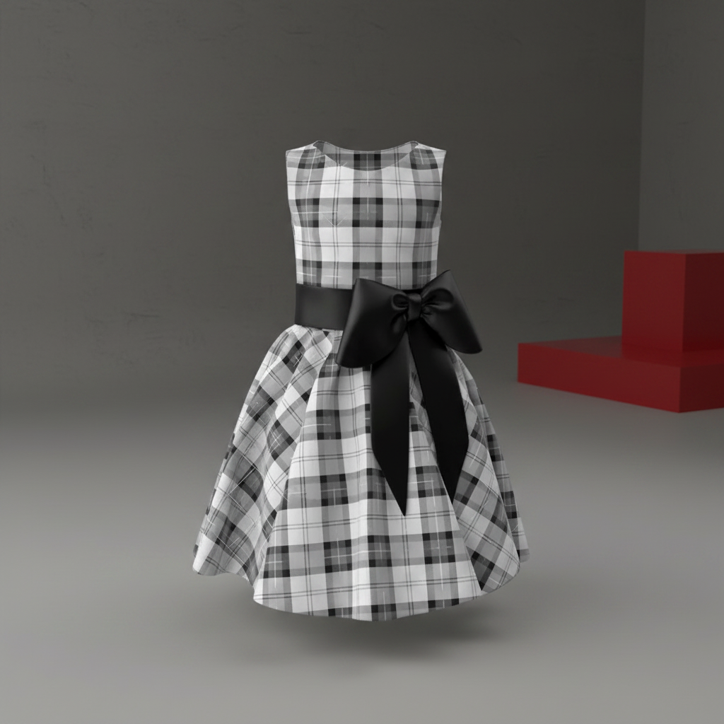 Same dress placed in a dark editorial studio scene with a red podium accent