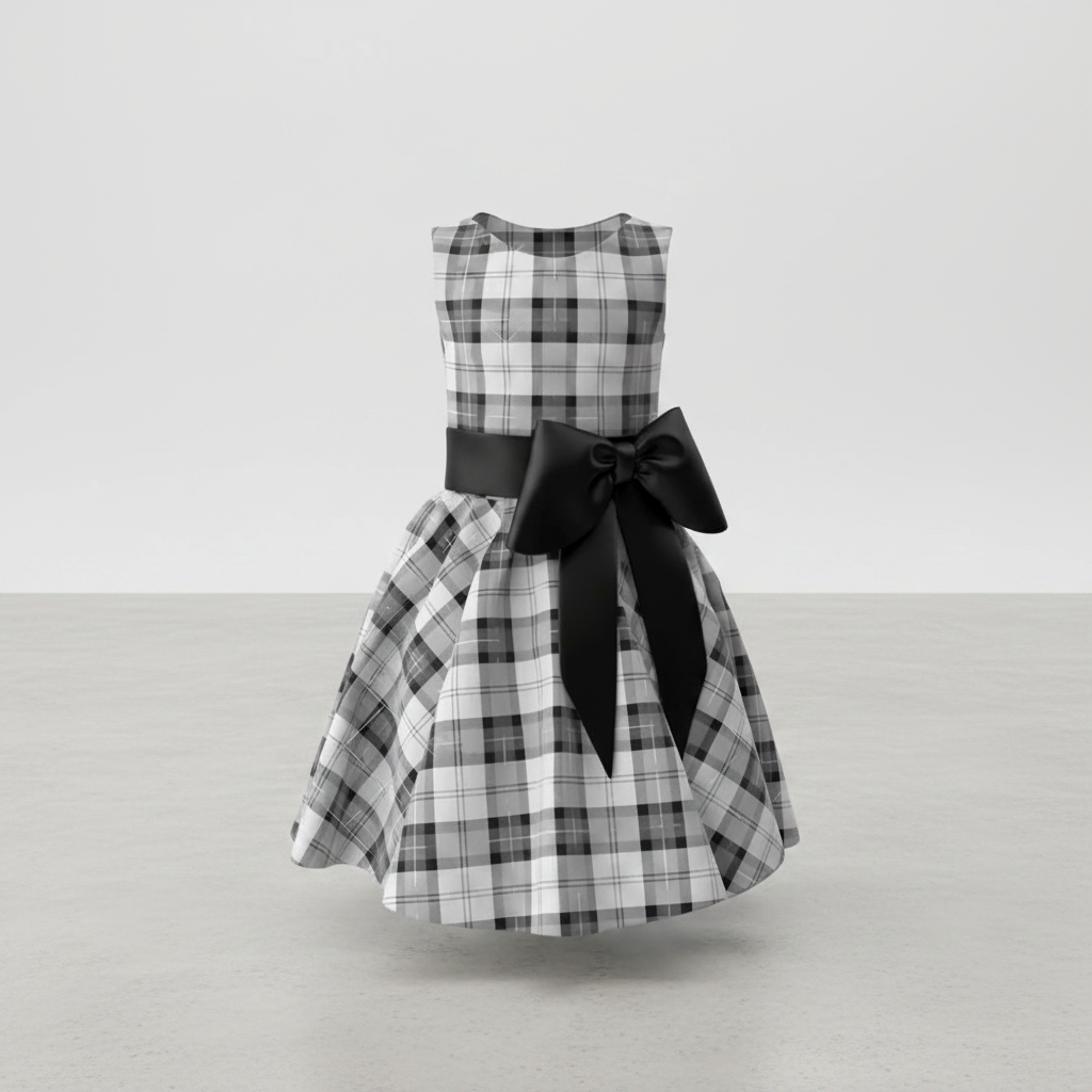 Black-and-white plaid dress — ghost-mannequin on white seamless
